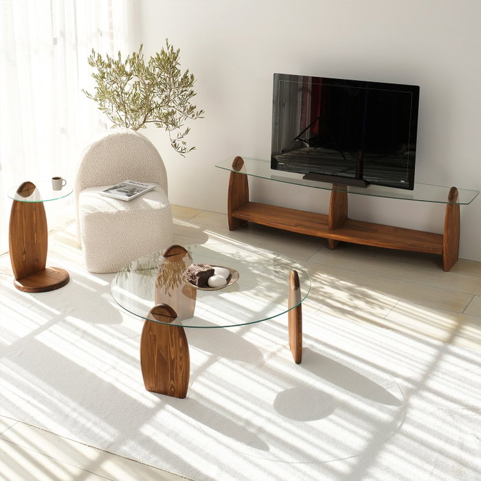 Hanah Home Mesa Auxiliar Castaño y Transparente de Cristal Templado y Madera Maciza 35x53x35 cm